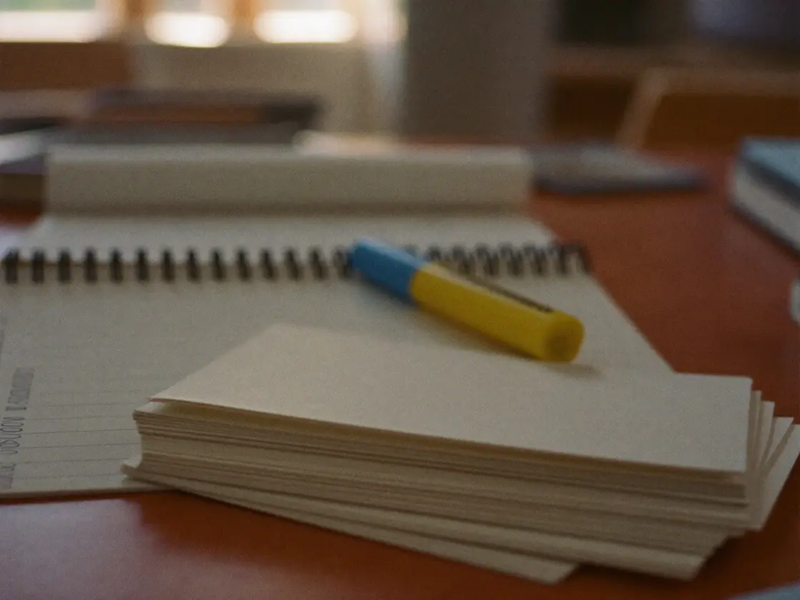 Meja belajar dengan flashcard, stabilo, dan pulpen